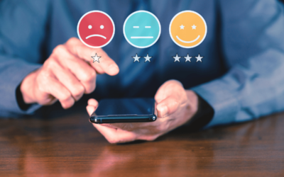 man holding smartphone holds finger over customer service survey, with sad, neutral, and happy faces overlayed at the top