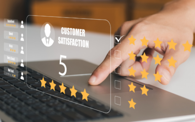 a person's fingers touch a laptop keyboard while a graphic overlay reads "customer satisfaction" and a 5 star selection.