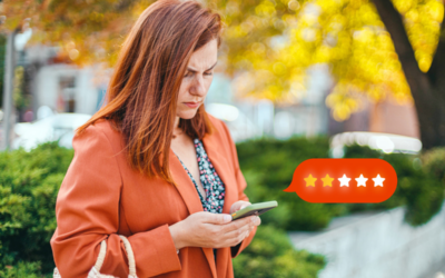 Bad Customer Reviews? Here's What You Can Do: an upset woman outside leaves a 2 star review